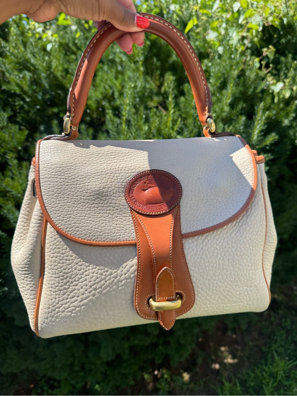 Vintage Dooney & Bourke Cream and Tan Leather Top-Handle Satchel